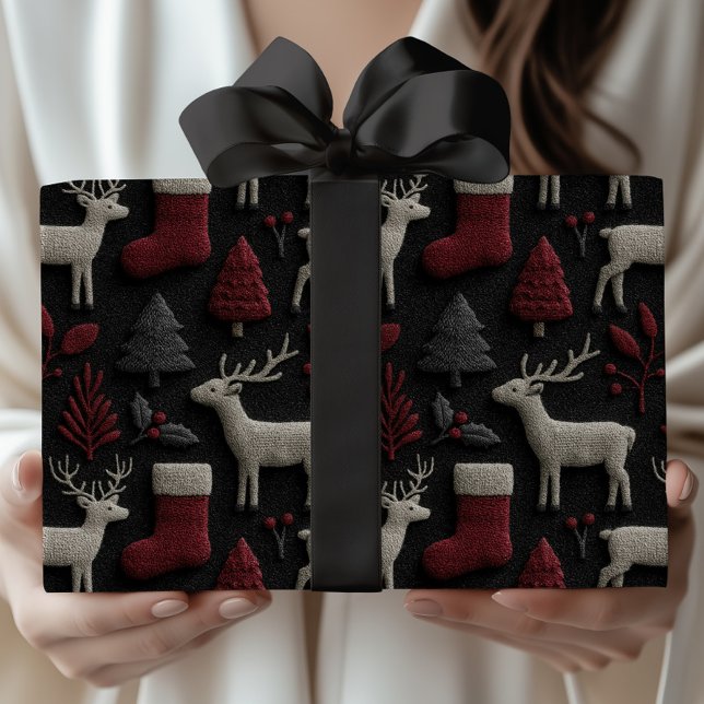 Papel De Presente Reindeer de Natal e Meias em Vermelho e Cinzas (Criador carregado)