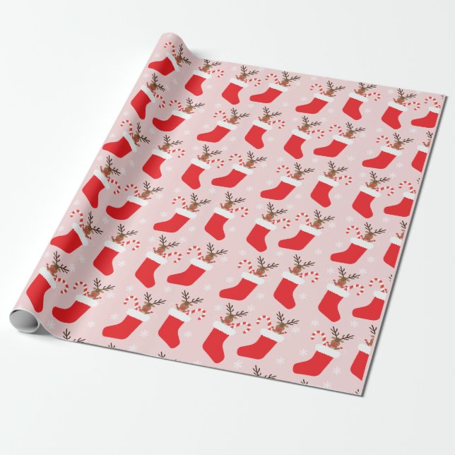 Papel De Presente Reindeer de Natal - Padrão de Stocks Vermelho Bran (Desenrolado)