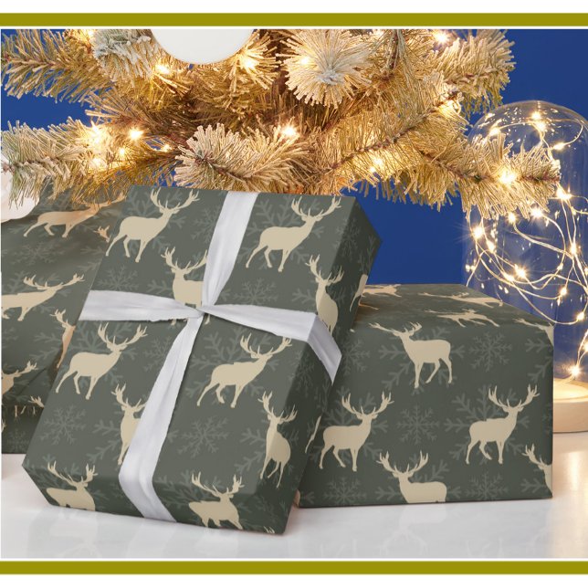 Papel De Presente Reindeer de Natal reinado com Verde e Dourado (Criador carregado)