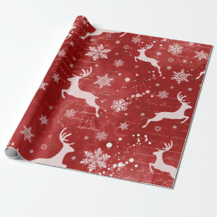 Papel De Presente Reindeer e Flocos de Neve em Fundo Vermelho