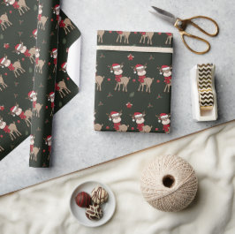Papel De Presente Reindeer e Red Berry Dark Green WrapPaper
