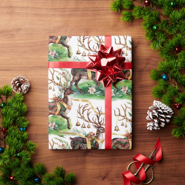 Papel De Presente Reindeer Natal Clássico e Bells Dourados (Presente de Natal)