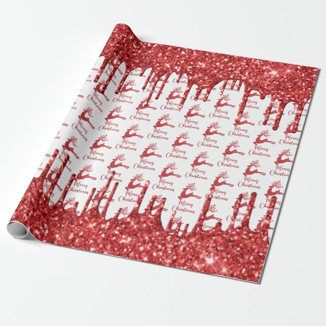 Papel De Presente Reindeer Red Glitter - Feliz Natal (Desenrolado)