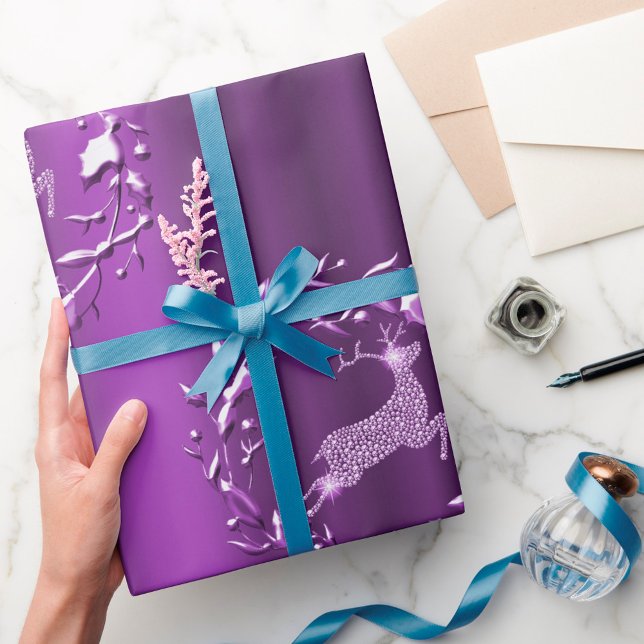 Papel De Presente Reindeer roxo com Natal de ouros (Criador carregado)