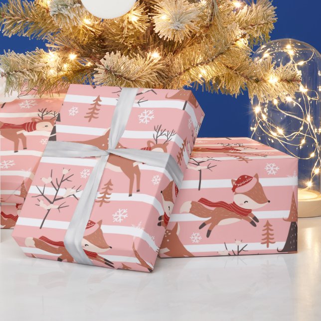 Papel De Presente Reindeer Snowflakes Árvores Rosa e Natal Branco (Feriados)