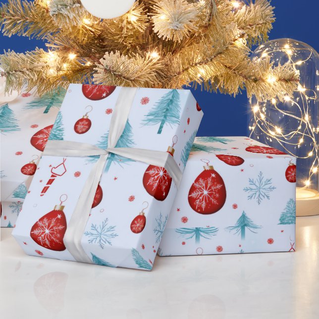 Papel De Presente Reindeer Snowflakes Ornakes Natal Verde (Feriados)
