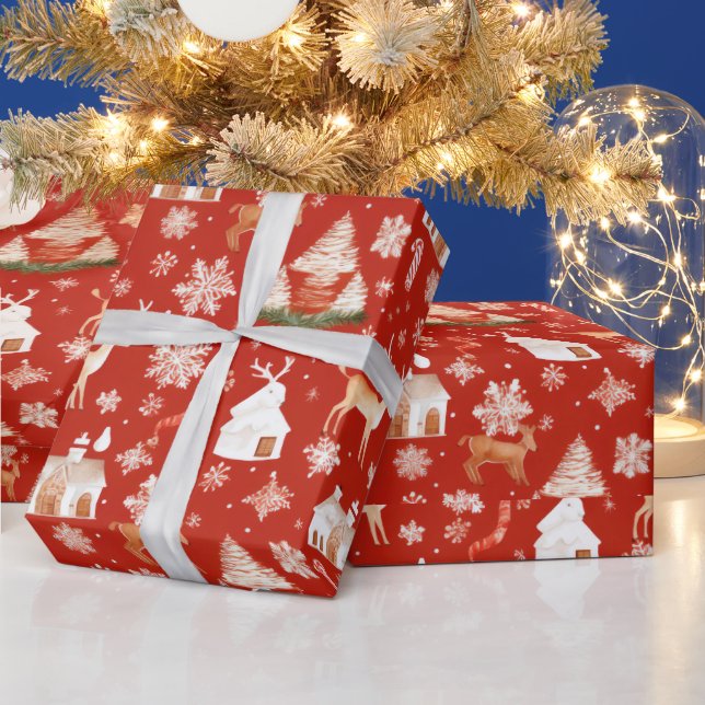 Papel De Presente Reindeer Snowflakes País Natal Vermelho (Feriados)