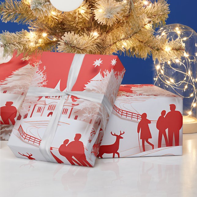 Papel De Presente Reindeers 3D e Pessoas na aldeia (Feriados)