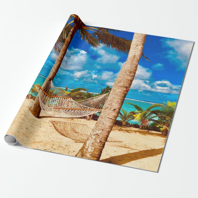 Papel De Presente Relaxando Praia da Ilha de Caribes Tropicais (Desenrolado)