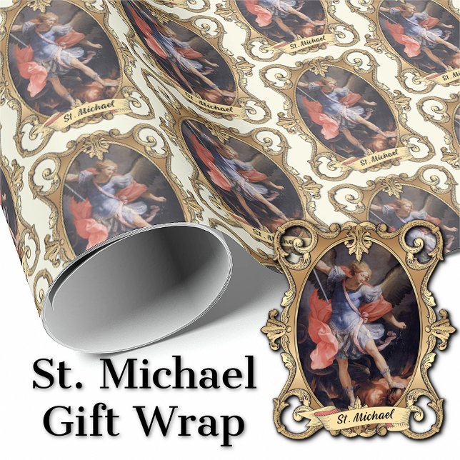 Papel De Presente Religioso do Elegante Santo Católico Michael Archa (Traditional Catholic St. Michael the Archangel Gift Wrap )