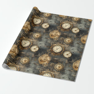 Papel De Presente Relógio Antigo Engrenagens Bronze Preto Estilo Ste
