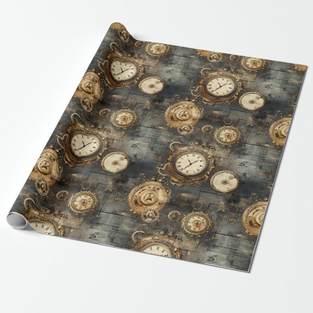 Papel De Presente Relógio Antigo Engrenagens Bronze Preto Estilo Ste (Desenrolado)
