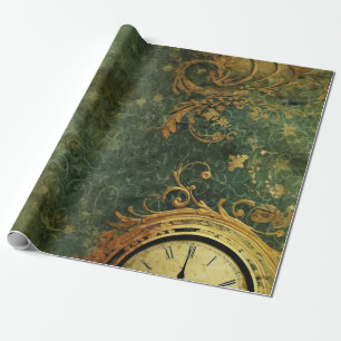 Papel De Presente Relógio Antigo Esmeralda Verde Steam Punk