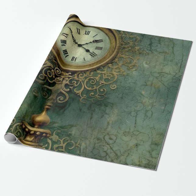 Papel De Presente Relógio Clássico Steampunk com Esmeralda Rústica (Desenrolado)
