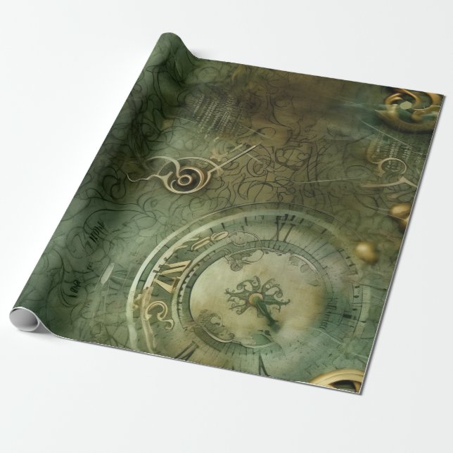 Papel De Presente Relógio Clássico Steampunk Esmeralda Verde (Desenrolado)
