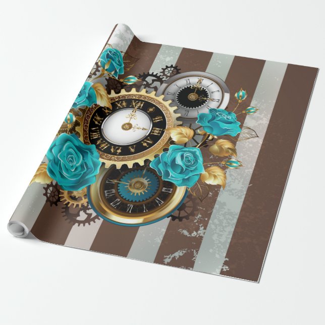 Papel De Presente Relógio e Rosas de Turquesa em Striping (Desenrolado)