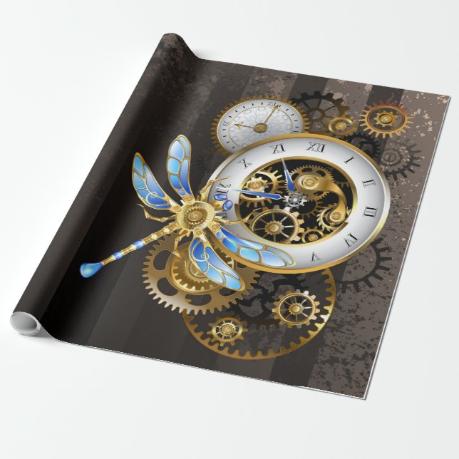 Papel De Presente Relógio Steampunk com Dragonfly Mecânica (Desenrolado)