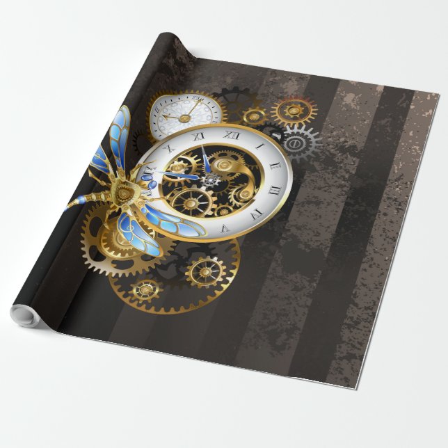 Papel De Presente Relógio Steampunk com Dragonfly Mecânica (Desenrolado)