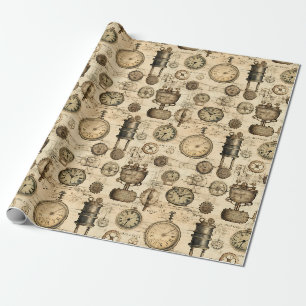 Papel De Presente Relógio Vintage Steampunk Pardo Pergaminho