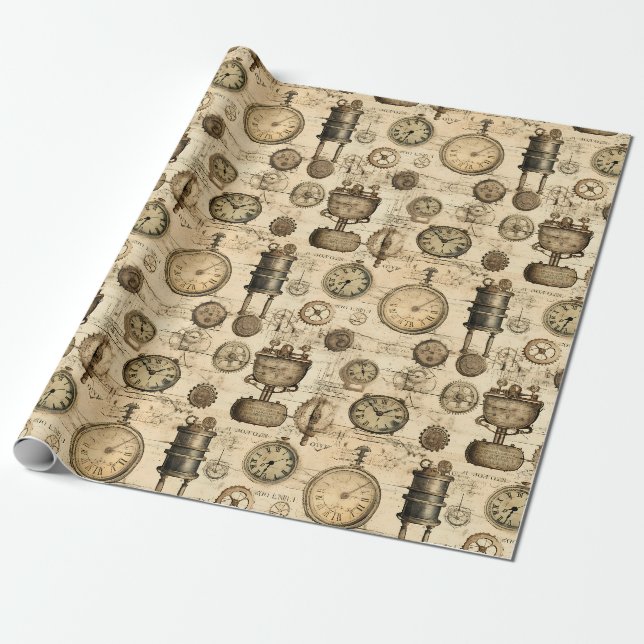 Papel De Presente Relógio Vintage Steampunk Pardo Pergaminho (Desenrolado)