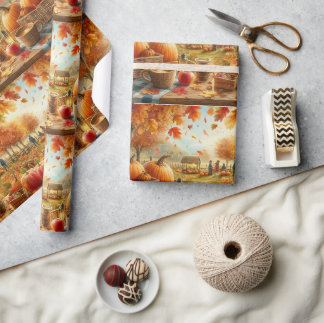 Papel De Presente Remendo de Abóbora de Outono Folhas Laranjas