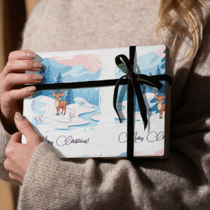 Papel De Presente Rena adorável em uma paisagem nevada 