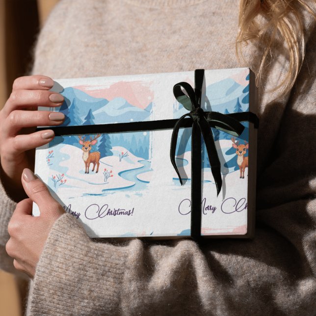Papel De Presente Rena adorável em uma paisagem nevada  (Criador carregado)