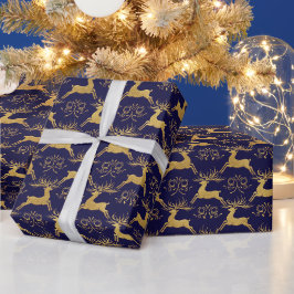 Papel De Presente Rena de Couro Dourada Natal Azul Marinho