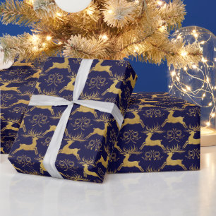 Papel De Presente Rena de Couro Dourada Natal Azul Marinho