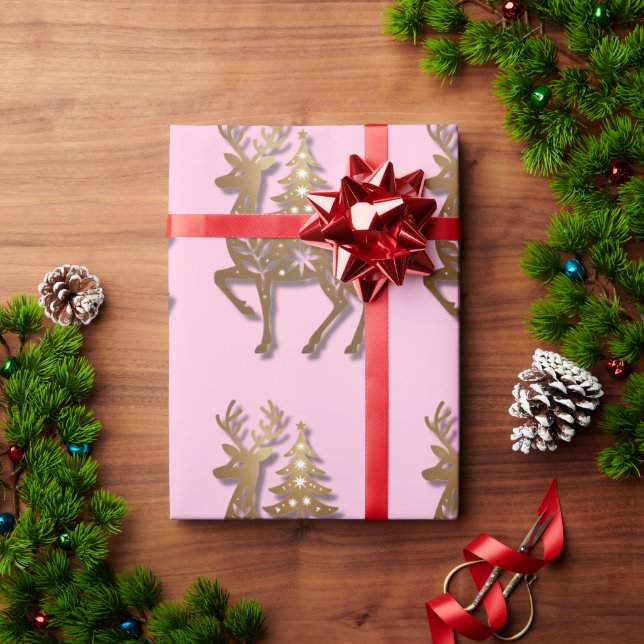 Papel De Presente Rena de Folha de Ouro com uma Árvore de Natal  (Presente de Natal)