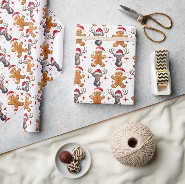 Papel De Presente Rena de Homem de Pão Branco e Vermelho (Artesanato)