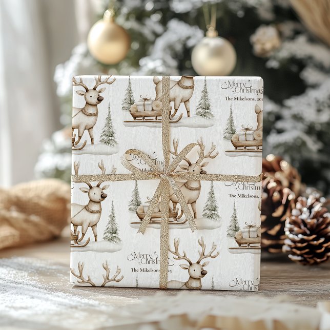 Papel De Presente Rena de Natal Azul Aconchegante Rústica (Criador carregado)