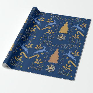 Papel De Presente Rena de Natal Blue Gold 
