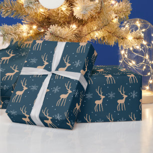 Papel De Presente Rena de Natal e floco de neve azul