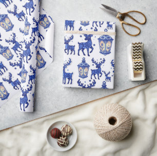 Papel De Presente Rena de Natal e Lanterna de Natal em Azul Delft 