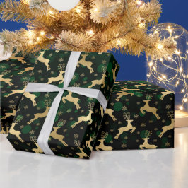 Papel De Presente Rena de Natal em Folha de Ouro Falso & bokeh verde