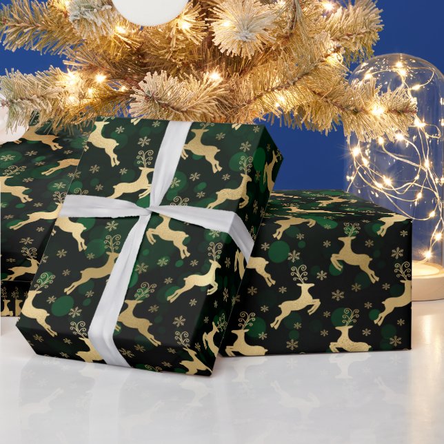Papel De Presente Rena de Natal em Folha de Ouro Falso & bokeh verde (Feriados)