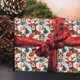 Papel De Presente Rena divertida Vermelho Branco Verde Natal Aquarel