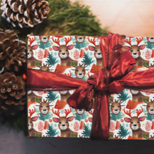 Papel De Presente Rena divertida Vermelho Branco Verde Natal Aquarel