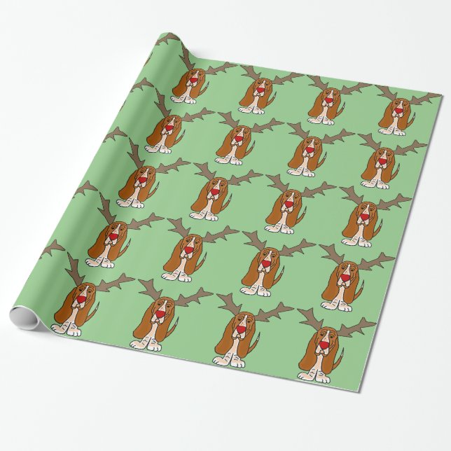 Papel De Presente Rena engraçada do Natal de Basset Hound (Desenrolado)