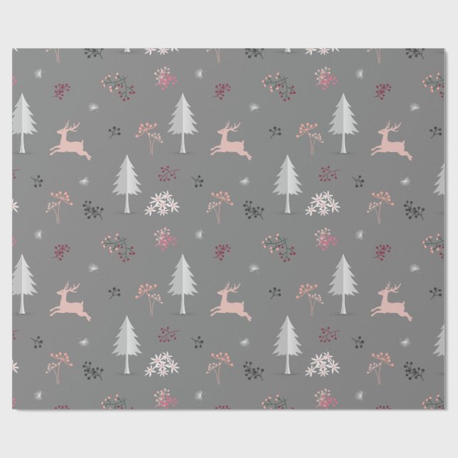 Papel De Presente Rena Pastel Rosa & Padrão Floresta Cinza (Aberto)
