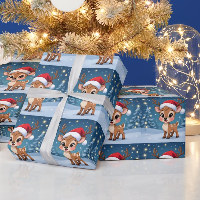 Papel De Presente Rena preciosa com chapéu de Natal (Feriados)