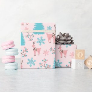 Papel De Presente Rena Rosa, Árvore Pinha Azul e Ramificação Berry