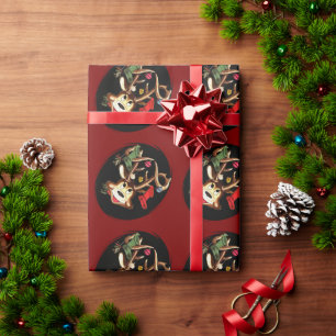 Papel De Presente Rena Sorridente Decorada Com Meia de Natal