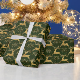 Papel De Presente Rena Verde de Couro Dourado de Natal