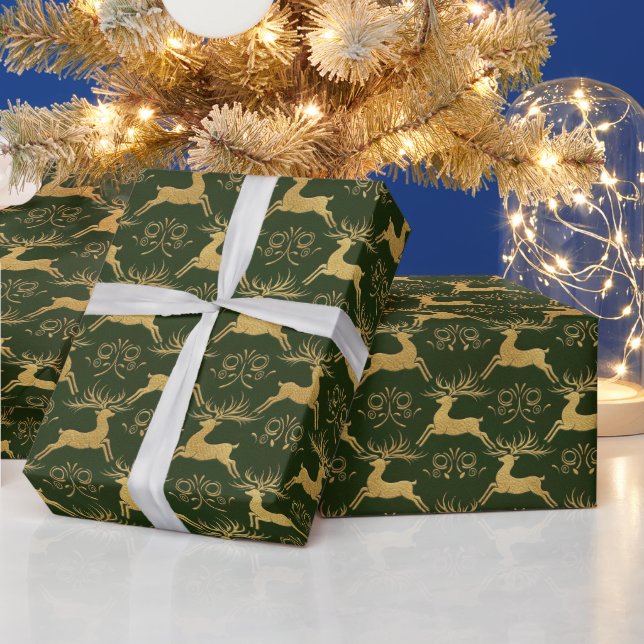 Papel De Presente Rena Verde de Couro Dourado de Natal (Feriados)