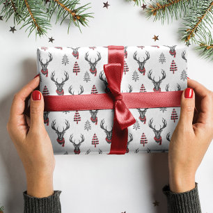 Papel De Presente Rena vermelha da xadrez do búfalo do Natal rústi