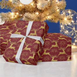 Papel De Presente Rena Vermelha de Couro Dourado de Natal