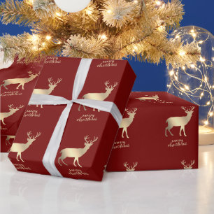 Papel De Presente Renais Dourados Vermelhos Feliz Natal