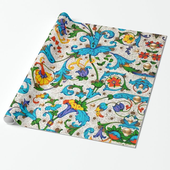 Papel De Presente RENAISSANÇA FLORENTINA AZUL ESPIrais FLORAIS, FLOR (Desenrolado)